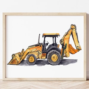 May include: A watercolor painting of a yellow construction vehicle with a black cab and a raised arm. The vehicle is on a white background.