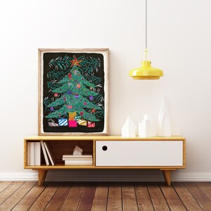 May include: A framed illustration of a Christmas tree with colorful ornaments and presents. The tree is green and the background is black. The frame is brown wood.