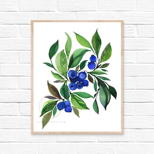 Blueberry Watercolor Print, Kitchen Fruit Art