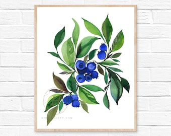 Blueberry Watercolor Print, Kitchen Fruit Art