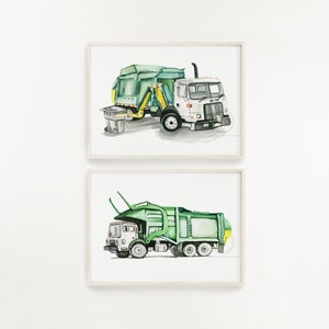 Trash Truck Watercolor Print Set of 2 Side Loader and Front Loader