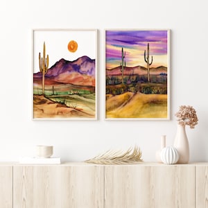 Southwestern Desert Landscape Print, Set of 2, Floral Print, Vibrant Cactus Desert Art, Mid-Century Modern, Pastel Desert Art