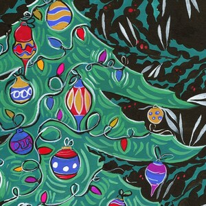 May include: A green Christmas tree with a yellow star on top, decorated with colorful ornaments and lights. The tree is set against a dark green and black background with white holly leaves.