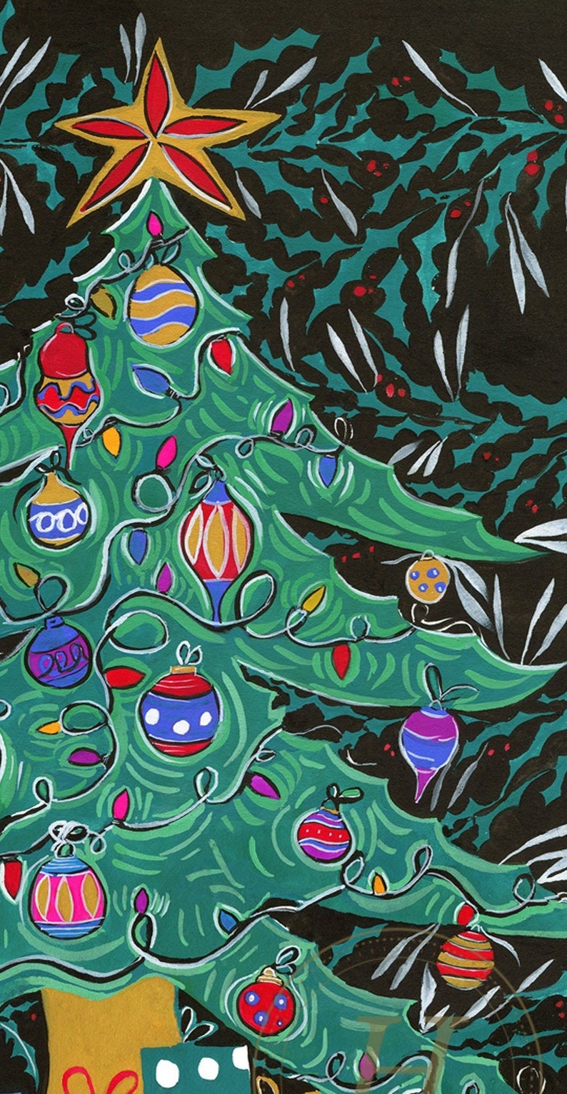 May include: A green Christmas tree with a yellow star on top, decorated with colorful ornaments and lights. The tree is set against a dark green and black background with white holly leaves.