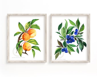 Blueberry and Apricot Prints, Watercolor Wall Art, Kitchen Art