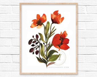 May include: Watercolor painting of a bouquet of orange flowers with green leaves and dark purple berries. The flowers have a watercolor effect and are arranged in a loose, natural style. The painting is framed in a light wood frame.