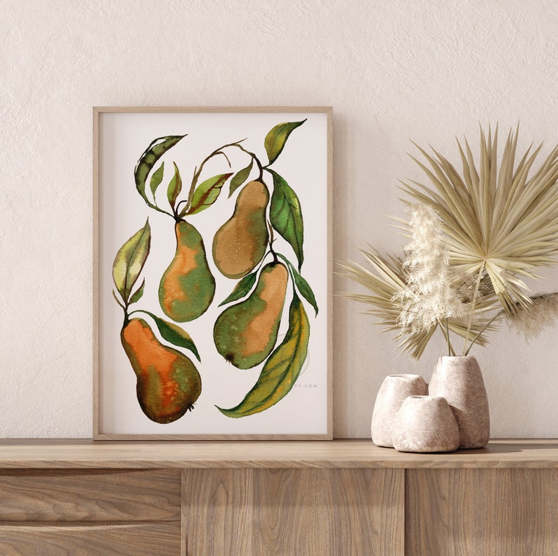 May include: A watercolor painting of pears with green leaves on a white background. The pears are a mix of green and orange hues.