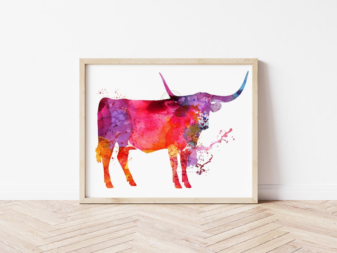 Longhorn Cattle Cow Farm Animals Watercolor Painting Print - Etsy