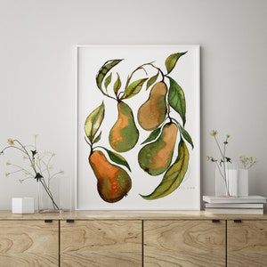 May include: A watercolor painting of four pears with green leaves on a white background. The pears are a mix of green and brown colors.