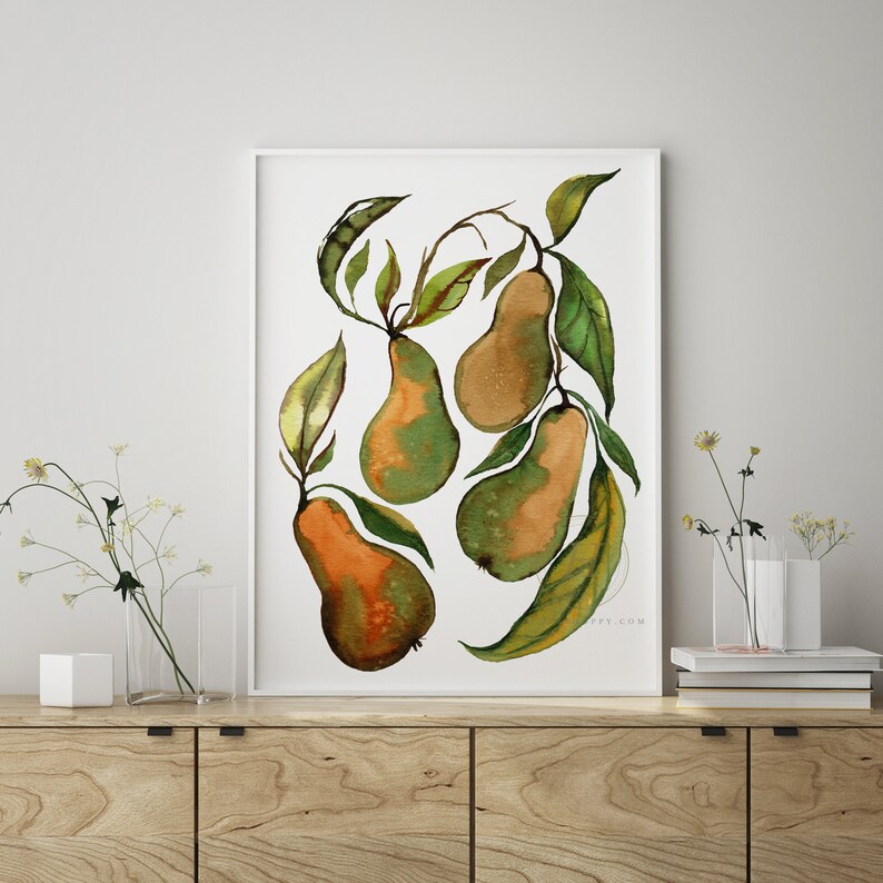 May include: A watercolor painting of four pears with green leaves on a white background. The pears are a mix of green and brown colors.