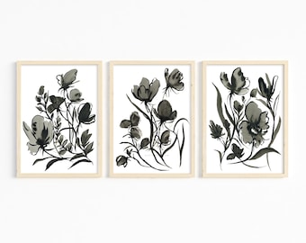 Conjunto de 3 impresiones de acuarela de flores silvestres en blanco y negro / Decoración de arte botánico
