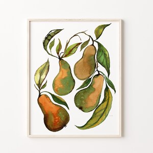 May include: Watercolor painting of four pears with green and brown leaves on a white background. The pears are green and brown with a watercolor wash effect.