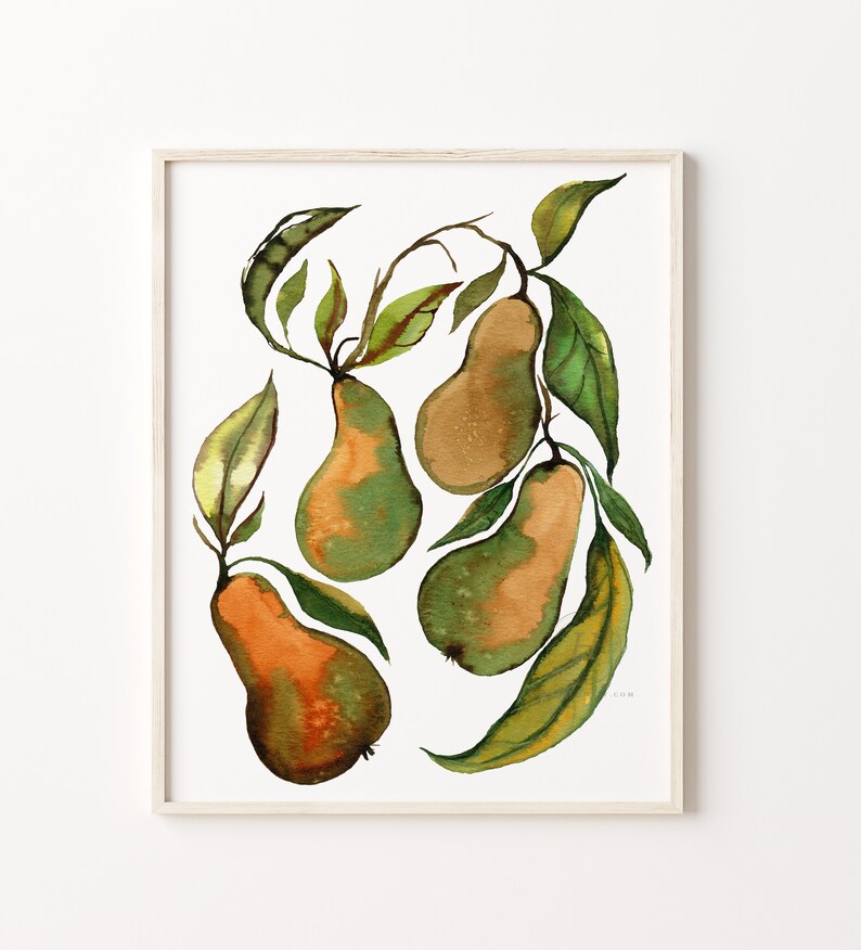 May include: Watercolor painting of four pears with green and brown leaves on a white background. The pears are green and brown with a watercolor wash effect.