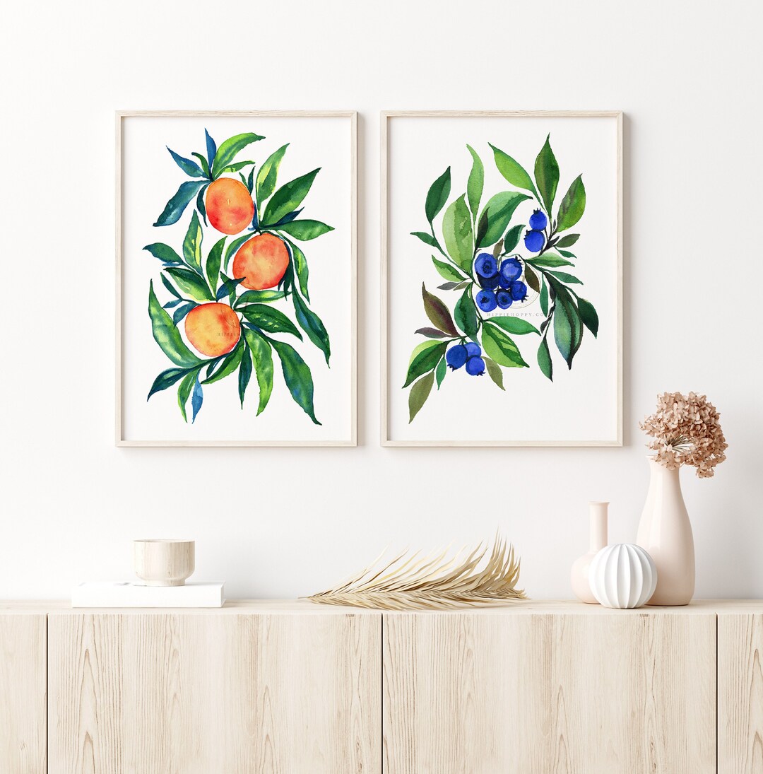 Fruit Set of 2 Watercolor Painting, Kitchen Wall Art, Orange