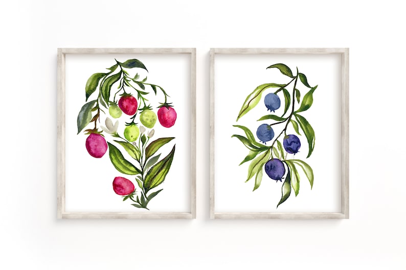 Strawberry and Blueberry Watercolor Art Prints set of 2