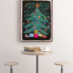 May include: A framed illustration of a green Christmas tree decorated with colorful ornaments and presents. The background is black with a dark green foliage pattern. The text "RIPPIEHOPPY.COM" is at the bottom of the image.