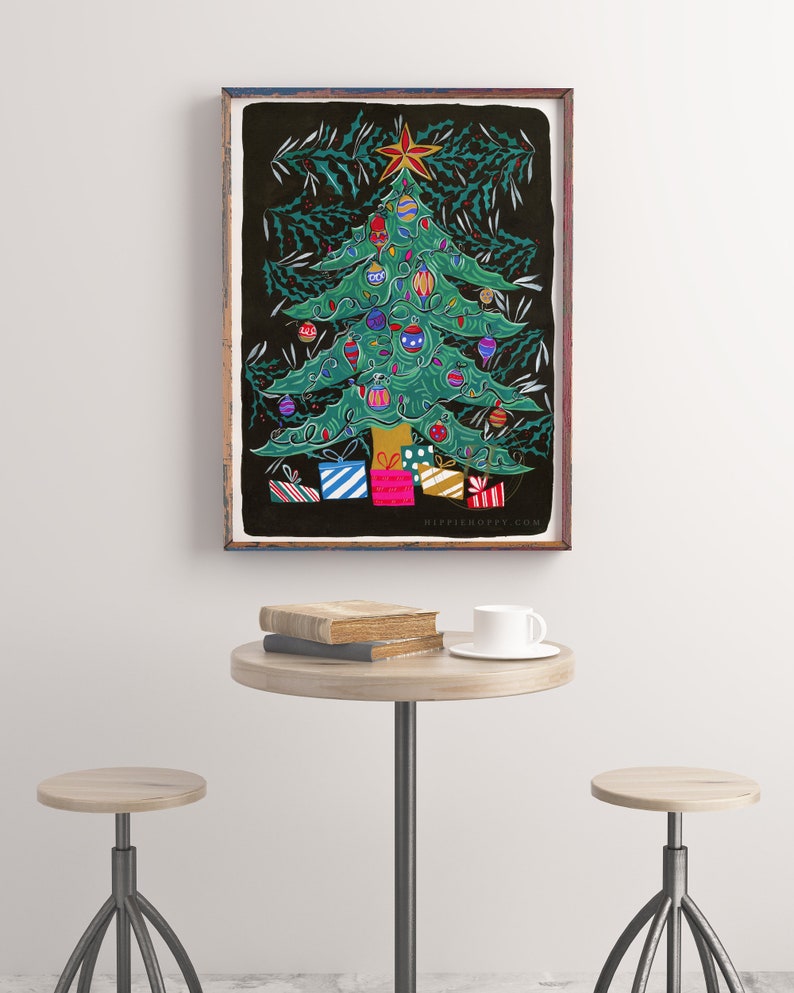 May include: A framed illustration of a green Christmas tree decorated with colorful ornaments and presents. The background is black with a dark green foliage pattern. The text "RIPPIEHOPPY.COM" is at the bottom of the image.