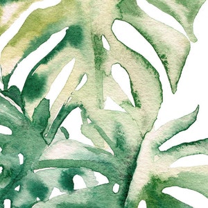 May include: Watercolor painting of green tropical leaves with a white background. The leaves are painted in a realistic style, with details of the veins and texture of the leaves.
