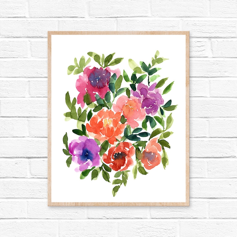 May include: Watercolor painting of a bouquet of pink, purple, and orange flowers with green leaves. The flowers are arranged in a loose, organic style, and the painting has a soft, romantic feel.