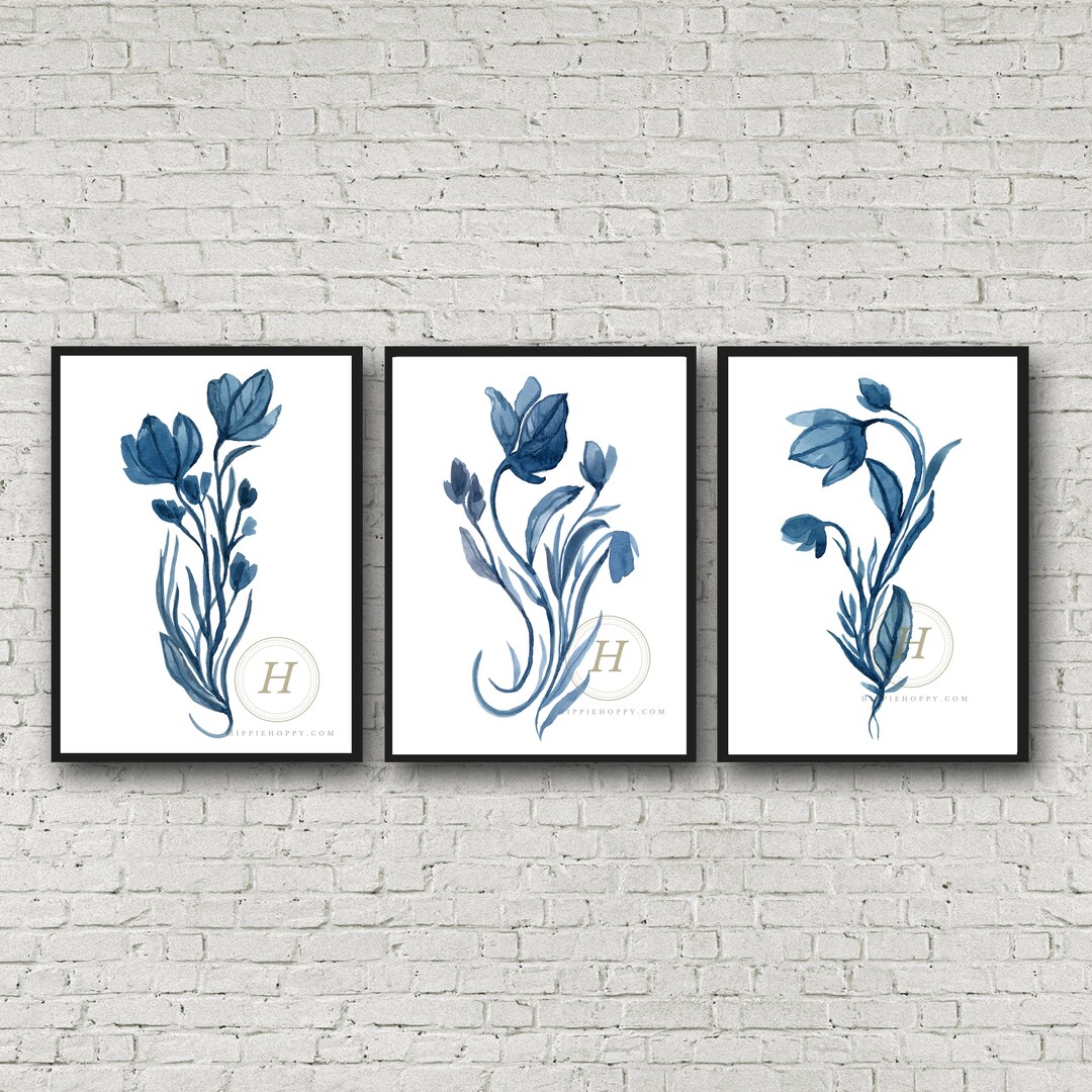 Blue Flower Art Watercolor Print Set of 3, Abstract Flowers, Wall Art ...