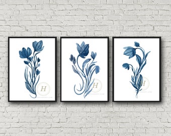 Blue Flower Art Watercolor Prints set of 3