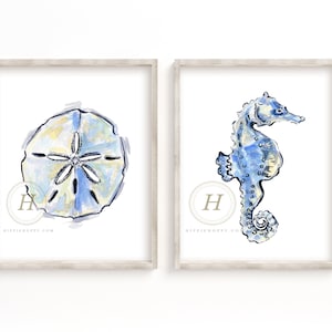 Sand Dollar and Seahorse Watercolor Print Set of 2