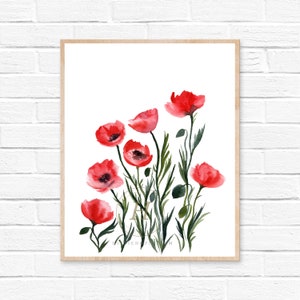 ポピー　水彩画 オリジナルの赤いポピーの水彩画、ポピーの花の水彩画アート