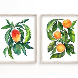 Mango and Orange FruitPrint Set of 2, Watercolor Fruit Art, Wall Art
