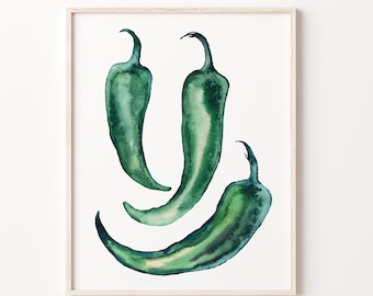 May include: Three green chili peppers arranged in a Y shape, painted in watercolor on a white background.