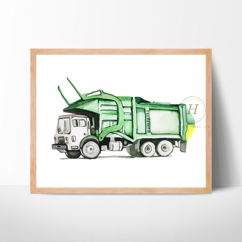 Trash Truck Front Loader Watercolor Print Boys Room Art