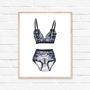 Black and Blue Lace Lingerie Watercolor Art Print