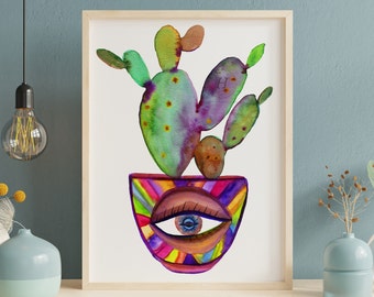 Colorful Potted Cactus, Watercolor Art Print, Evil Eye Painting, UFO, UMP Art