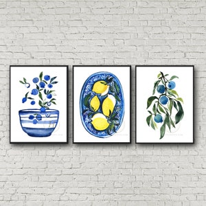 Blueberry and Lemon Watercolor Art Prints set of 3 Unframed