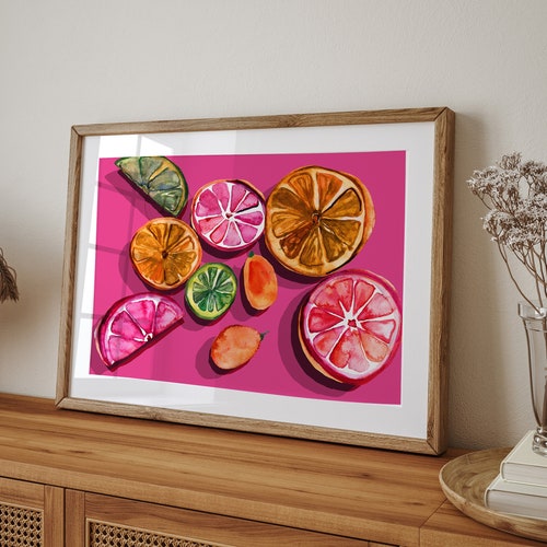 Tendance aux agrumes, oeuvre aquarelle, orange, pamplemousse, tranches de citron vert, art fruitier, décoration murale de cuisine, cadeau, art mural