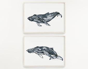 Humpback Whale Watercolor Prints set of 2