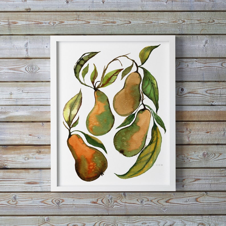 May include: Watercolor painting of four green and brown pears with leaves on a white background.