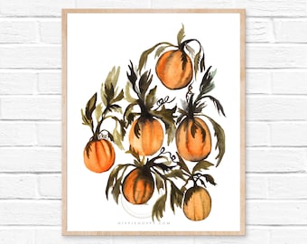 Pumpkin Patch Watercolor Print Art Fall Decor