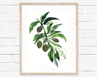 May include: A watercolour painting of a green olive branch with leaves and olives. The painting is framed in a light wood frame.