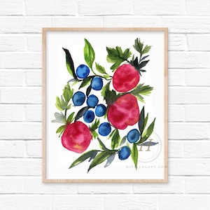 Strawberries and Blueberries Watercolor Print
