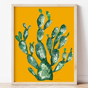 Stampa artistica di un cactus acquerello vibrante, decorazione da parete del deserto giallo e verde intenso