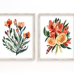 Orange Flower Watercolor Art Print Set: Botanical Wall Decor