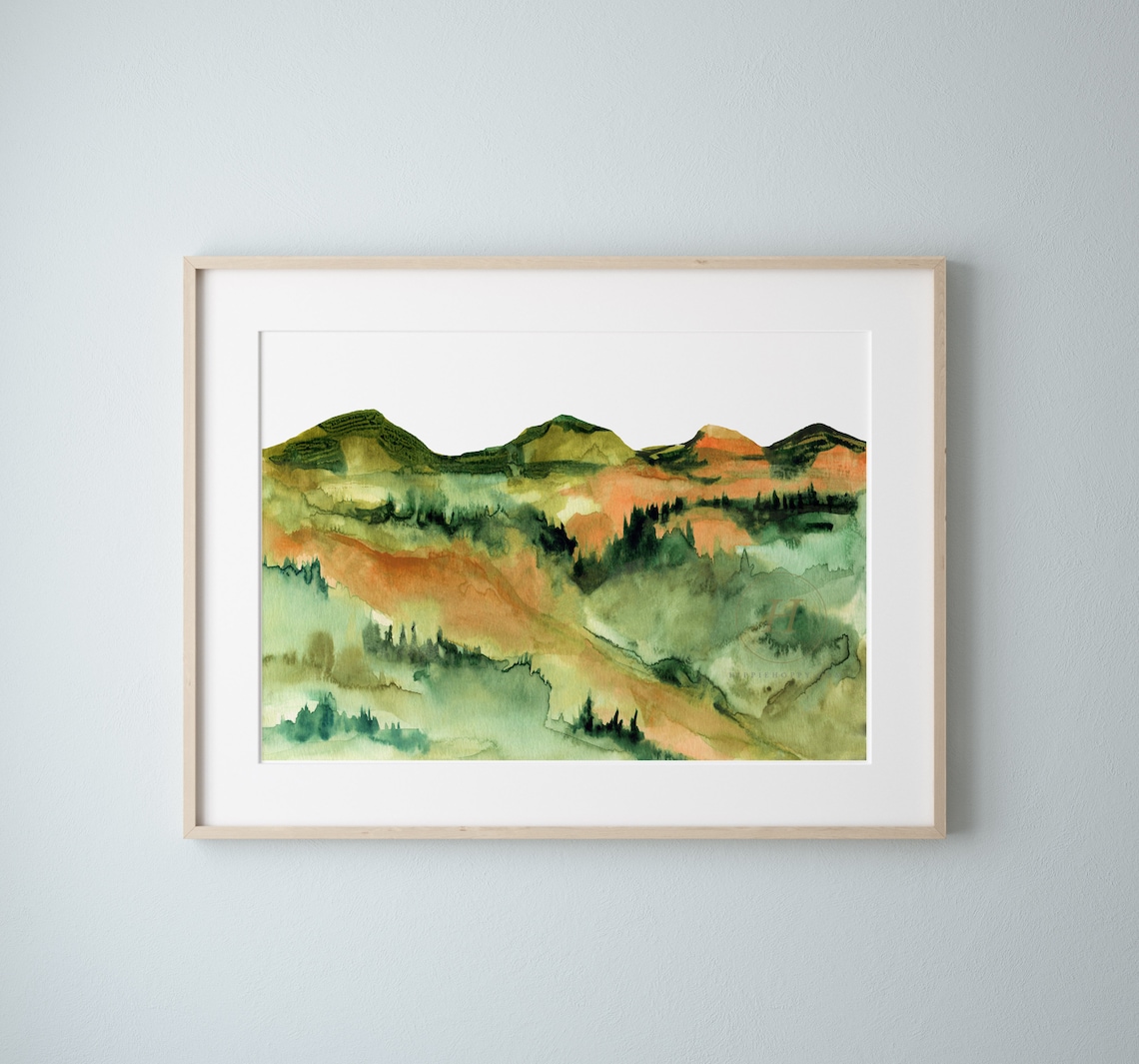 Rolling Hills Watercolor Print by Hippiehoppy Etsy