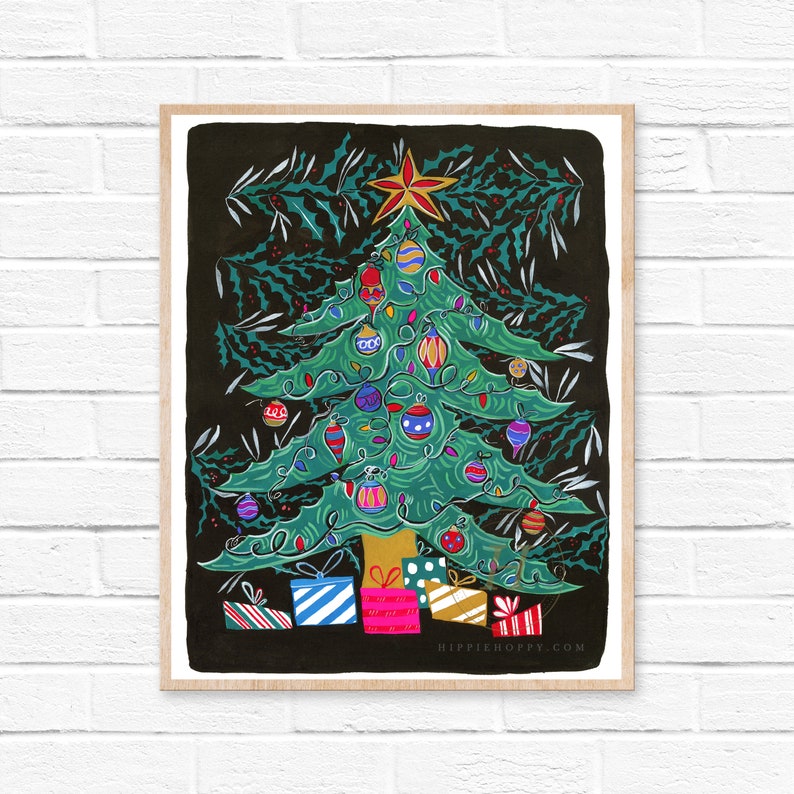 May include: A hand-painted illustration of a Christmas tree with colorful ornaments and lights. The tree is decorated with presents wrapped in festive paper and topped with a star. The background is a dark green with holly leaves.