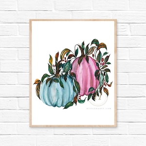 Abóbora, impressão em aquarela, arte de parede de outono