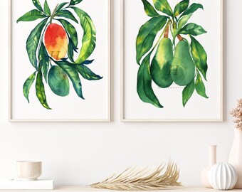 Watercolor Fruit Prints Set: Modern Kitchen Wall Art