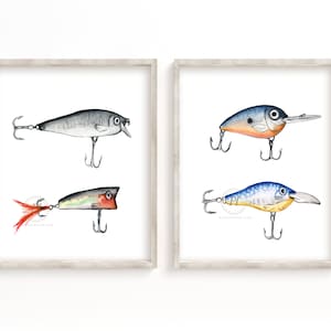 Esche da pesca Set di 2, acquerelli, pittura di esche, saldi, arte della camera da letto, arte cottage
