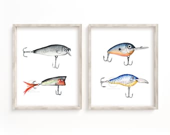 Fishing Lures Set of 2, Watercolor Paintings, Lure Painting, Sale, Bedroom Art, Cottage Art