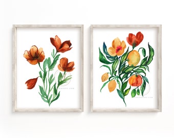Flowers Watercolor Prints Set of 2 Floral Art