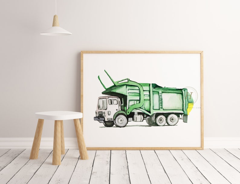 Trash Truck Front Loader Watercolor Print Boys Room Art