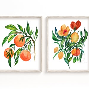 Flowers and Oranges Watercolor Print Set of 2